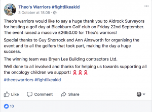 Theo's Warrior's charity Facebook page, mentions Aldrock's charity golf day! 