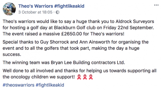 Facebook post from Theo's Warriors Facebook page saying thank-you to Aldrock for hosting the charity golf day and for the money they helped to raise.